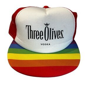 Vintage Three Olives Vodka Trucker Hat Red Rainbow Brim Unisex‎ Adjustable Cap